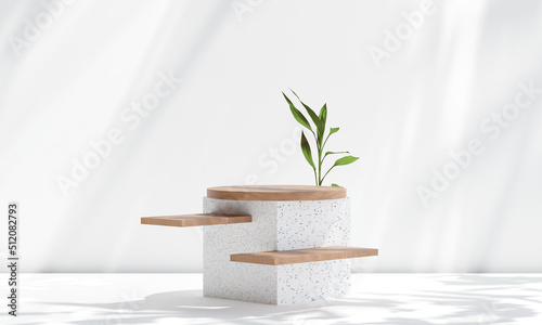 Fototapeta Naklejka Na Ścianę i Meble -  Terrazzo marble podium with rounded wood on background for product presentation. Natural beauty pedestal, relaxation and health, 3d illustration