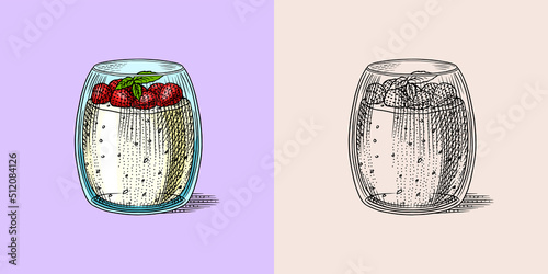 Chia and strawberry pudding in a glass. Sweet dessert in vintage style. Engraved hand drawn in old sketch.