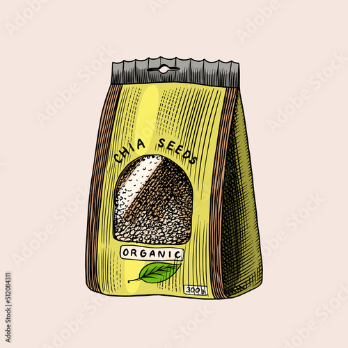 Chia seeds. Salvia hispanica. Spice packaging. Condiment or flavoring or granule or grain. Seasoning in a paper bag. Engraved hand drawn in old sketch and vintage style.
