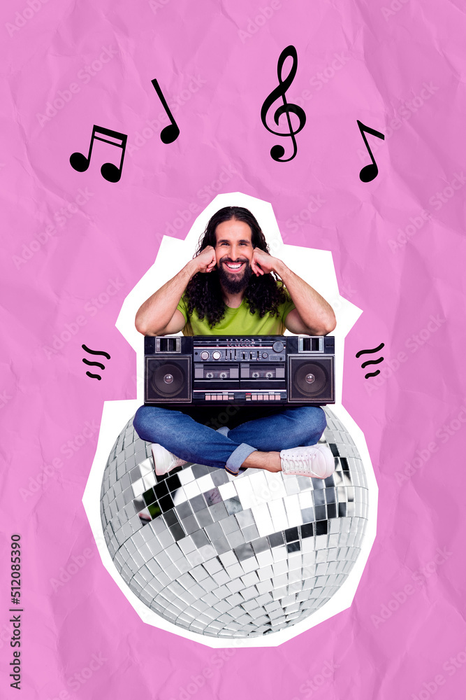 Vertical composite collage portrait of positive man sitting huge disco ball hold listen vintage boombox music