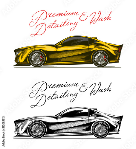 Yellow car. Auto detailing. Dry cleaning motor. Emblem or logo for Vehicle service or Automobile center. Hand drawn sketch line. 