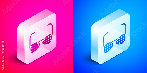 Isometric Glasses for the blind and visually impaired icon isolated on pink and blue background. Silver square button. Vector