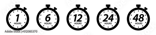 Timer icon. 1, 6, 12, 24, 36, 48 and 72 hours icon, vector illustration photo