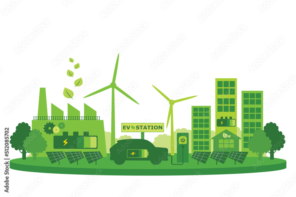 Renewable energy, Environmentally sustainability ecological, Green city and Technology, Electricity from wind power generators, Solar Panels connected to Smart Home, Electric Car and Charging station.