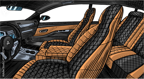 leather car seat. Auto detailing. Dry cleaning motor. Wrapping Vehicle service or Automobile center. Hand drawn sketch line. 