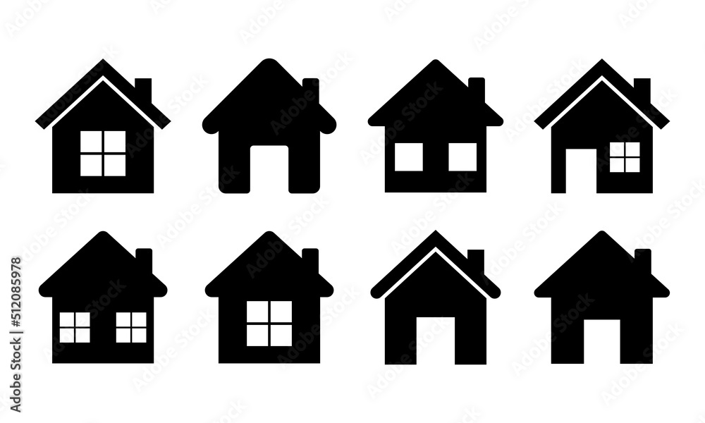 Home icon vector. House symbol. Black silhouette with homes icons. Web Homepage sign. Vector set. Home icon vector. House symbol. Black silhouette with homes icons. Web Homepage sign. Vector set.