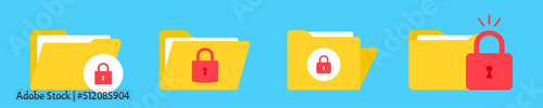 Vector set with folder and lock. Confidential protected file and document. Secret information. Private protected folder. 
