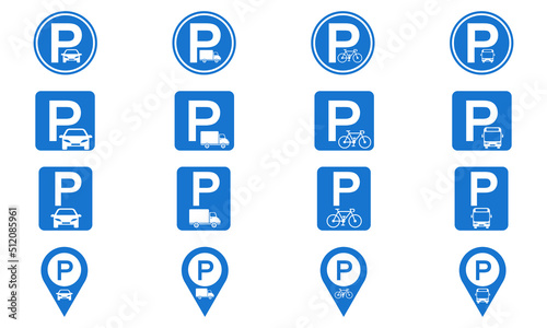 Set with blue parking signs. Parking place from car, bicycle, bus, truck. Road sign on white background.