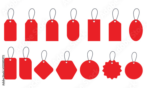 Set with red price tags icons. Blank paper price tag. Empty label tag for shop. Vector 10 EPS.