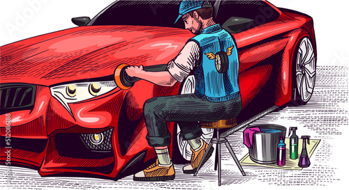 Auto detailing. Dry cleaning motor. Man washing and polishing car. Vehicle service or Automobile center. Hand drawn sketch line. 
