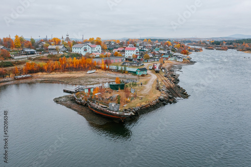 Niva River, Kola Peninsula, Kandalaksha city top view. The Bay of the White Sea. The nature of the Russian North
