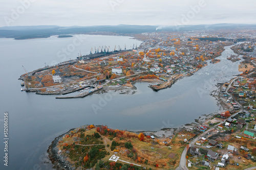 Niva River, Kola Peninsula, Kandalaksha city top view. The Bay of the White Sea. The nature of the Russian North photo