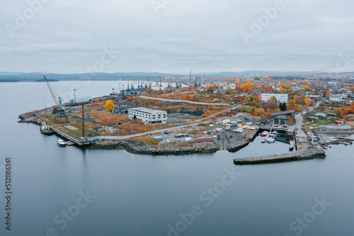 Aerial Townscape and Suburbs of Kandalaksha Town located in Kola Peninsula in Nothern Russia