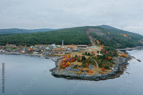 Aerial Townscape and Suburbs of Kandalaksha Town located in Kola Peninsula in Nothern Russia