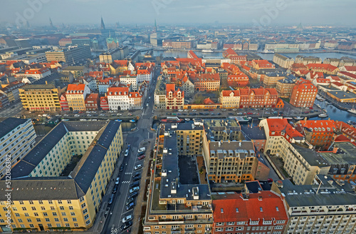 Aerial view of the Docklands of Copenhagen from the 'Church of our saviour' tower