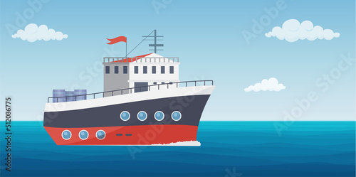 Commercial ship with containers on shipyard in sea or ocean landscape vector illustration. Cartoon transport boat sailing to port, fisherman trawler catching fish in water of harbor background
