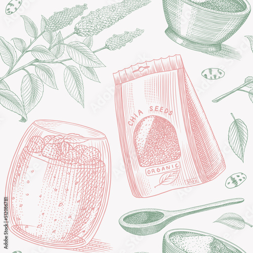 Chia plant and seeds card. Salvia hispanica. Poster or banner. Spice packaging, wooden spoon. Seamless pattern. Engraved hand drawn in old sketch and vintage background. 