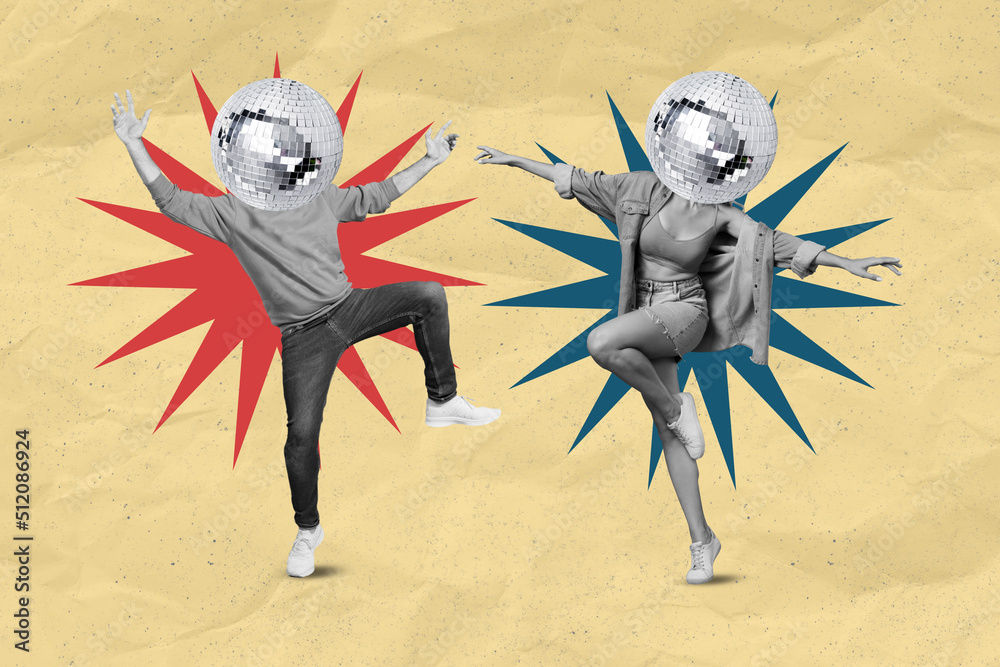 Fototapeta Collage image of two headless disco ball people with black white colof effect have fun dancing isolated on pastel painting background