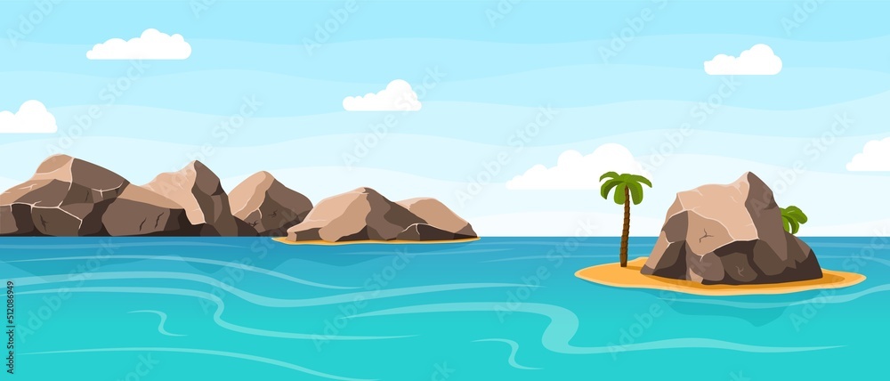Rocks in water, sea with giant stones and sand island with palm tree. Nature background, aquatic world. Tropical beach vector scene