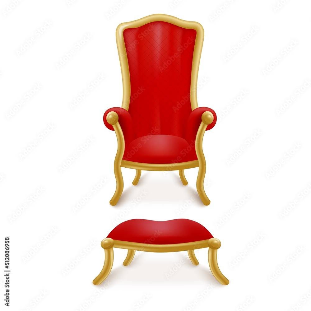 Royal throne with little chair for legs, luxury red velvet furniture, 3d vector illustration isolated on white. Royal throne with little chair for legs, luxury red velvet furniture, 3d vector illustration isolated on white.