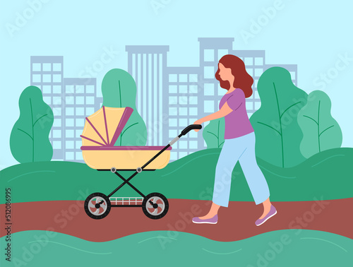 Walk with baby stroller in summer. Woman pushing pram for newborn, carriage for little child. Young mother walking with baby in park. Flat vector illustration