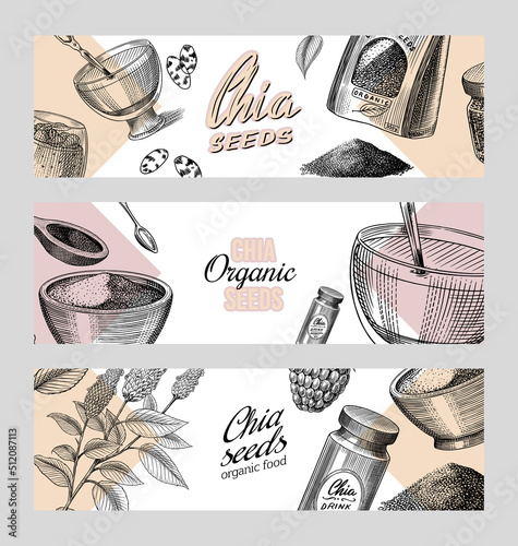 Chia plant and seeds card. Salvia hispanica. Poster or banner. Spice packaging, wooden spoon. A handful of seasoning and a glass bottle. Engraved hand drawn in old sketch and vintage background. 
