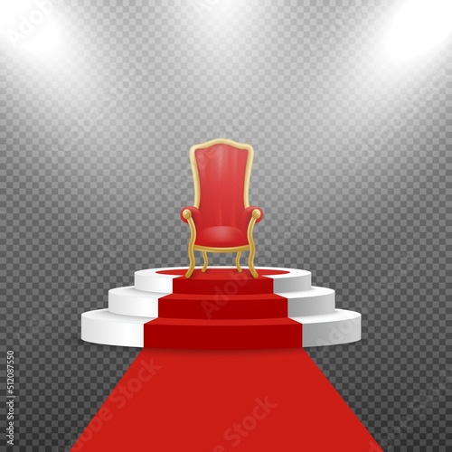 Red royal realistic throne chair on podium, vector illustration