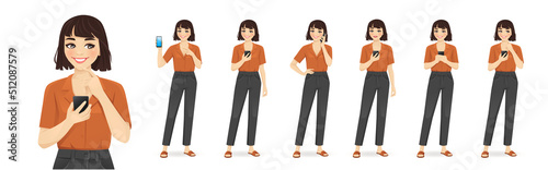 Young woman casual style clothes holding mobile phone, talking, texting and showing empty sreen isolated vector illustration