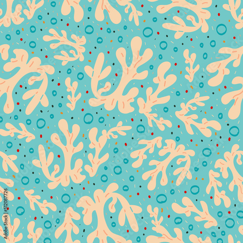 Marine seamless background with corals and bubbles on a blue background. Vector illustration