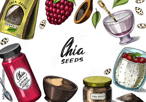 Chia plant and seeds card. Salvia hispanica. Poster or banner. Spice packaging, wooden spoon. A handful of seasoning and a glass bottle. Engraved hand drawn in old sketch and vintage background. 