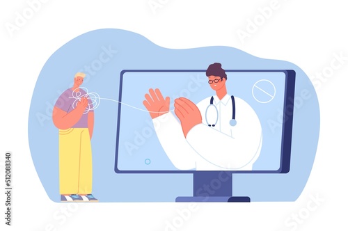 Online psychotherapist help guy. Virtual medicine, mind and feelings problems solve. Psychology, psychotherapy vector concept