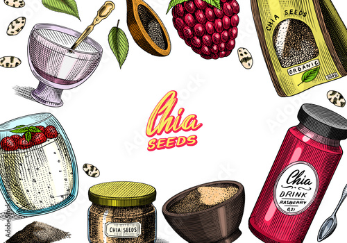 Chia plant and seeds card. Salvia hispanica. Poster or banner. Spice packaging, wooden spoon. A handful of seasoning and a glass bottle. Engraved hand drawn in old sketch and vintage background. 