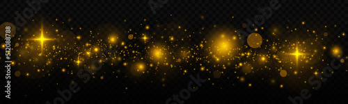 Shiny dust sparks and stars with light effect. Glitter bokeh lights is isolated on a transparent background. Golden glow light effect.