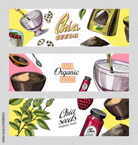 Chia plant and seeds card. Salvia hispanica. Poster or banner. Spice packaging, wooden spoon. A handful of seasoning and a glass bottle. Engraved hand drawn in old sketch and vintage background. 