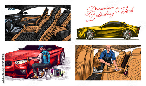 leather car seat. Auto detailing. Dry cleaning motor. Wrapping Specialist Putting Vinyl Foil Film. Vehicle service or Automobile center. A man vacuuming the interior. Hand drawn sketch line. 