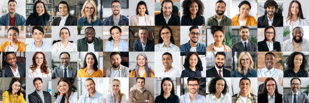 Leinwandbild Motiv - Kateryna : Panoramic collage of a lot of happy positive multiracial people looking at the camera. Many smiling multiethnic faces of successful business people of different ages, smiling friendly into the camera