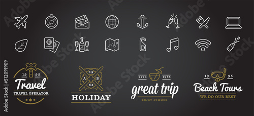 Set of Travel Tourism and Holiday Elements and Signs. Icons Set.