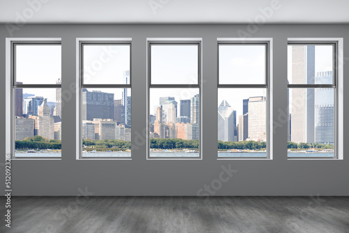 Downtown Chicago City Skyline Buildings from Window. Beautiful Expensive Real Estate. Epmty office room Interior Skyscrapers  View Lake Michigan waterfront  harbor. Cityscape. Day time. 3d rendering.