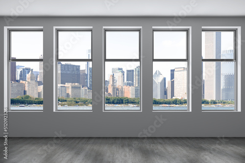 Downtown Chicago City Skyline Buildings from Window. Beautiful Expensive Real Estate. Epmty office room Interior Skyscrapers, View Lake Michigan waterfront, harbor. Cityscape. Day time. 3d rendering.