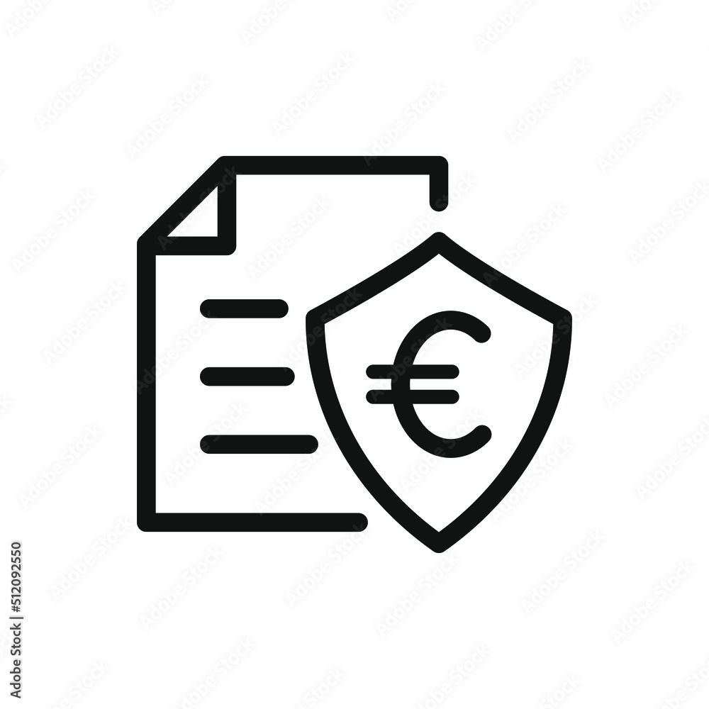 Euro sign with shield and paper. Financial protection. Insurance policy, secure tax icon line style isolated on white background. Vector illustration Euro sign with shield and paper. Financial protection. Insurance policy, secure tax icon line style isolated on white background. Vector illustration