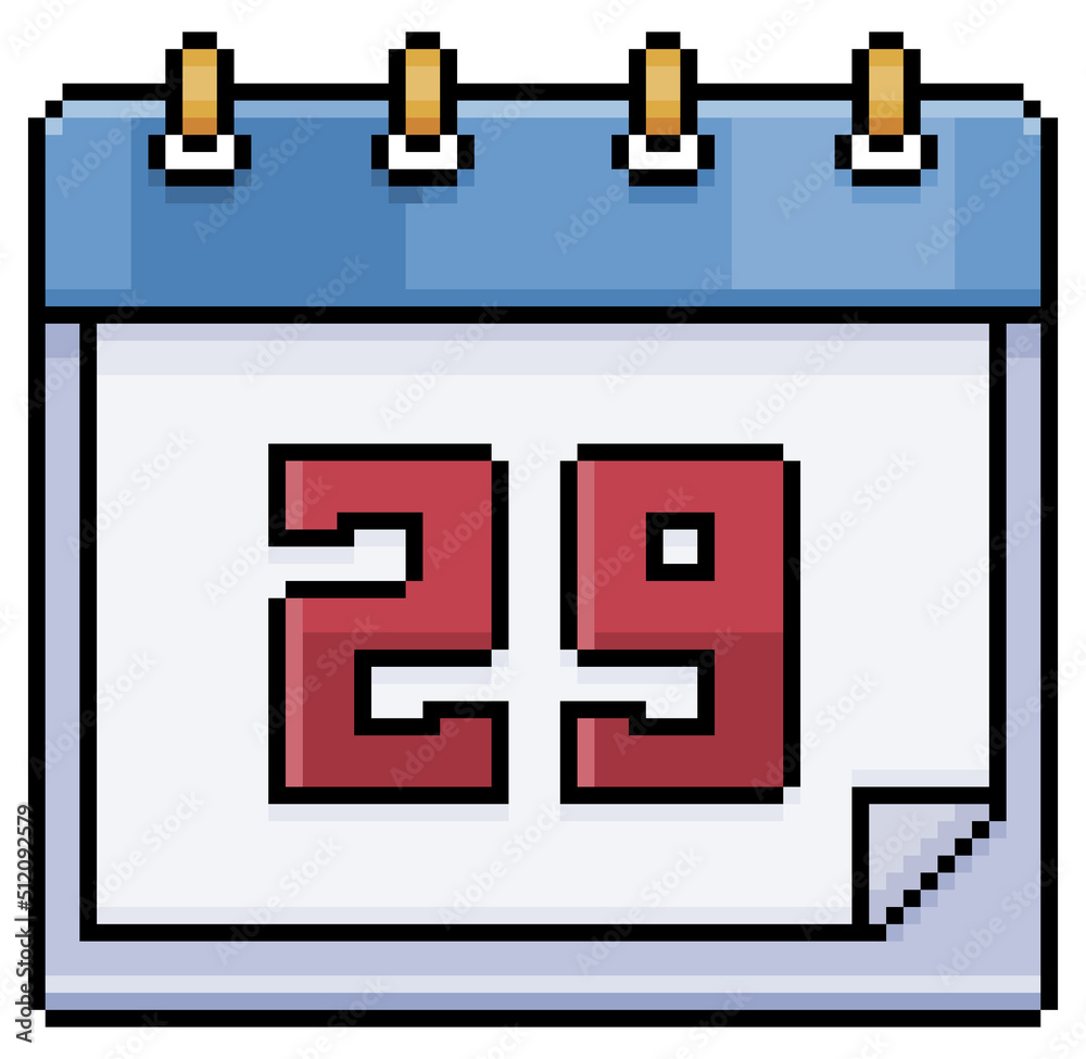 Fototapeta premium Pixel art calendar with date 29. Day 29. Holiday day 29 vector icon for 8bit game on white background