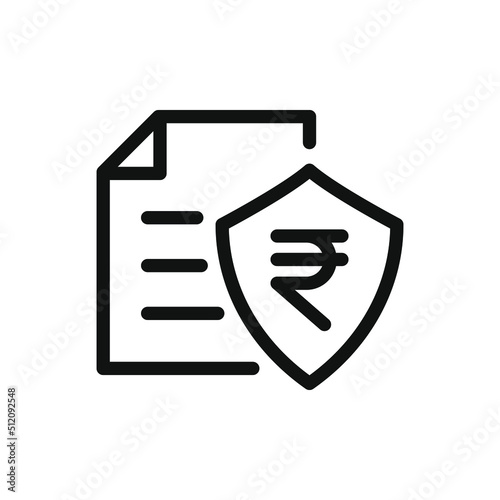 Rupee sign with shield and paper. Financial protection. Insurance policy, secure tax icon line style isolated on white background. Vector illustration