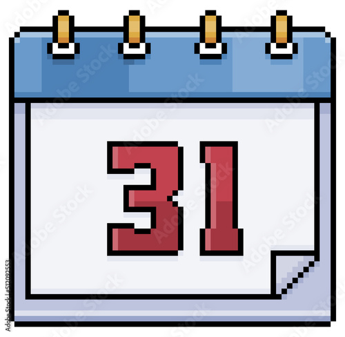 Pixel art calendar with date 31. Day 31. Holiday day 31 vector icon for 8bit game on white background