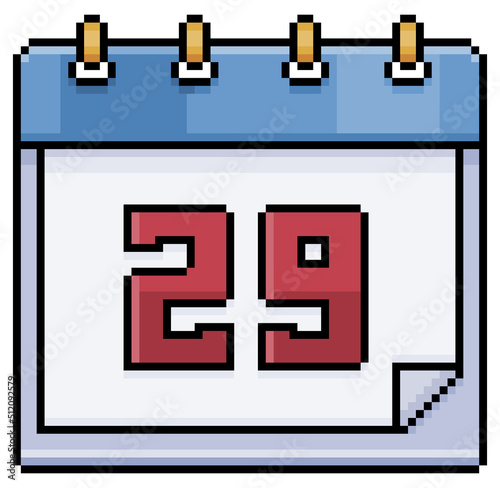 Pixel art calendar with date 29. Day 29. Holiday day 29 vector icon for 8bit game on white background