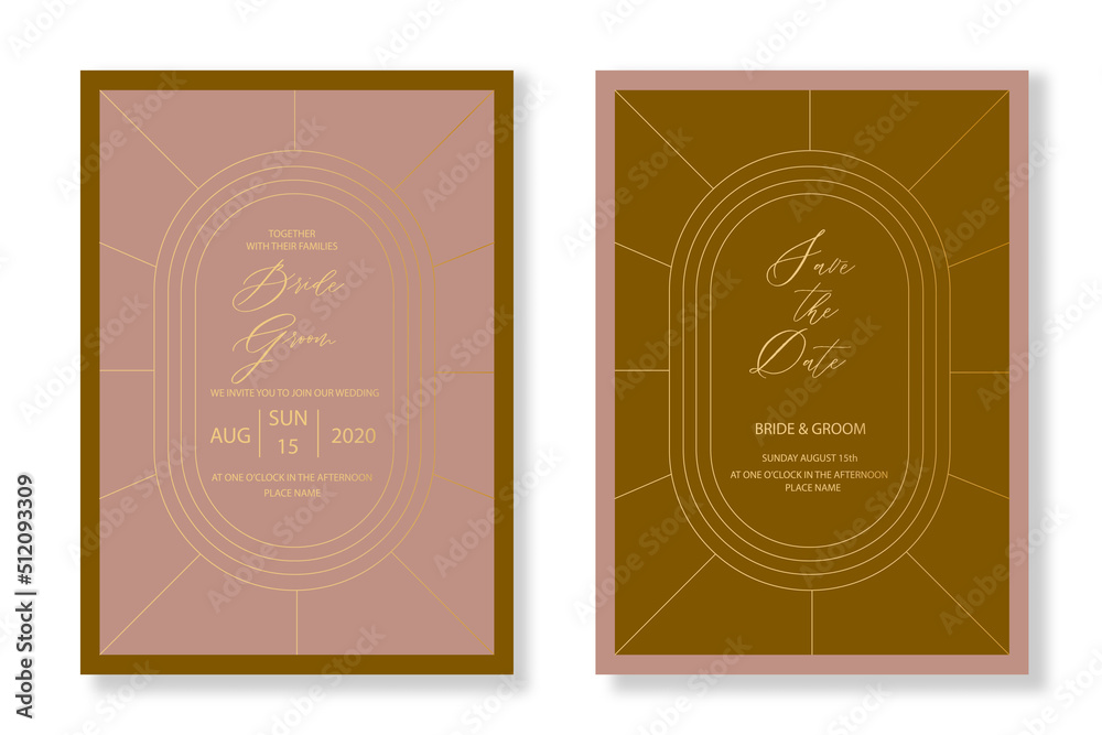 Vector art deco and arabic vintage wedding invitation template set with gold color frame line style and double arch for party, greeting card.