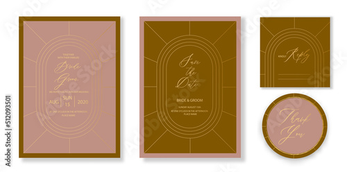 Vector art deco and arabic vintage wedding invitation template set with gold color frame line style and double arch for party, greeting card.