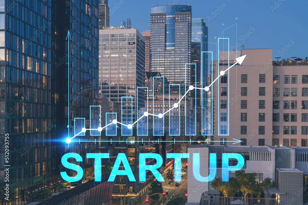 Obraz premium Illuminated cityscape of Los Angeles downtown at night time, California, USA. Skyscrapers of LA city. Startup company, launch project to seek, develop and validate scalable business model, hologram