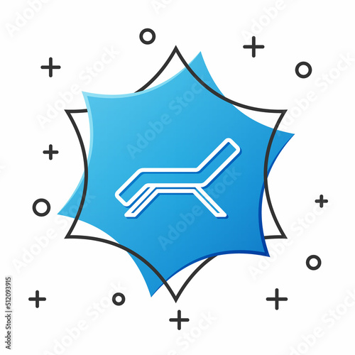 White line Sunbed icon isolated on white background. Sun lounger. Blue hexagon button. Vector