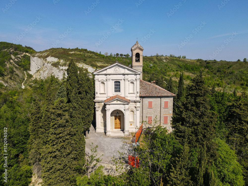 Drone view at the sanctuary of Monticino on Brisighella, Italy