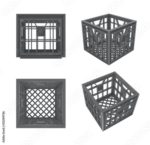 3d Grey Plastic Vegetable Crates Set. Vector Photo Realistic Mockup Isolated On White Background. Front, Top, Back And Perspective Views